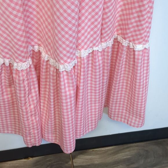 Vintage 1970s Pink White Gingham Ruffled Prairie Maxi Dress, Size XS - Picture 9 of 16